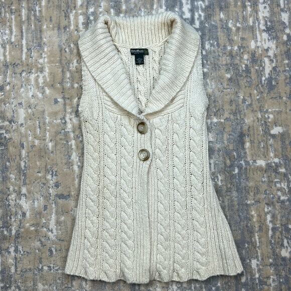 Eddie Bauer Cream Wool Blend Sleeveless Cardigan Cable knit Sweater Small - Picture 1 of 6